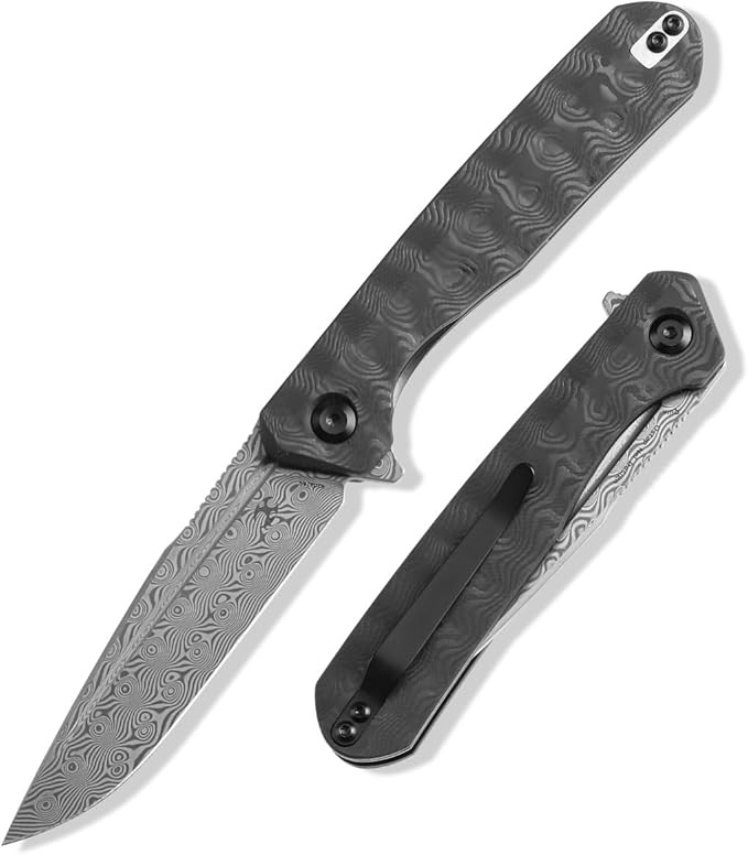 KANSEPT Qilin Pocket Knife,3.24'' Damascus Sharp Blade, Black Rose Carbon Fiber Handle for Edc