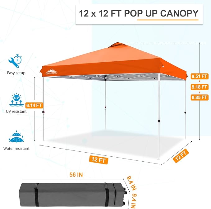 EAGLE PEAK Pop Up Canopy Tent with Wheeled Carry Bag, 8 Stakes, 4 Ropes, 4 Weight Bags, Easy Set Up