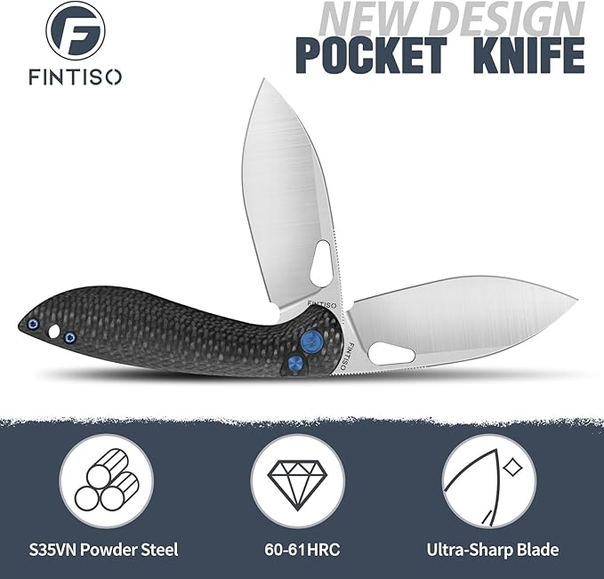 Pocket Knife, 3.1" Unique S35VN Blade Folding Knife with Button Lock, EDC Knife with Carbon Fiber