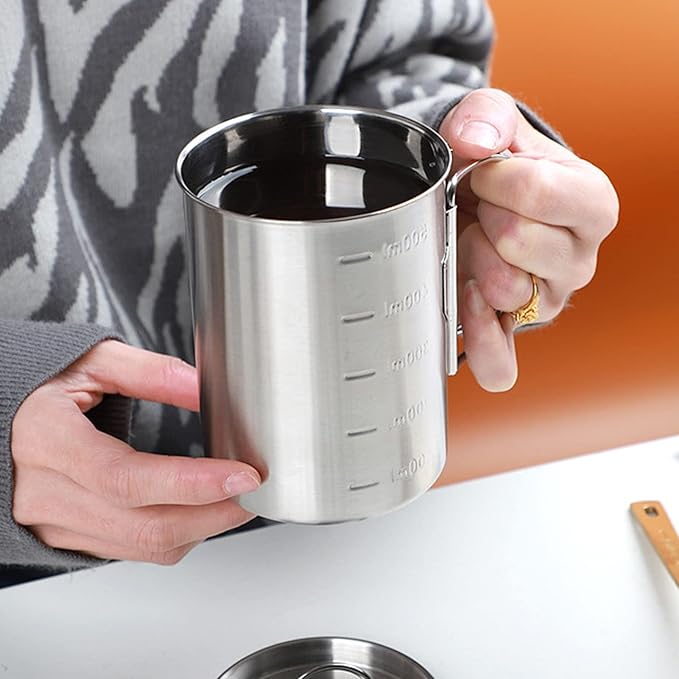 Stainless Steel Camping Cup, 17oz Fireproof Metal Cup with Lid and Foldable Handle, High