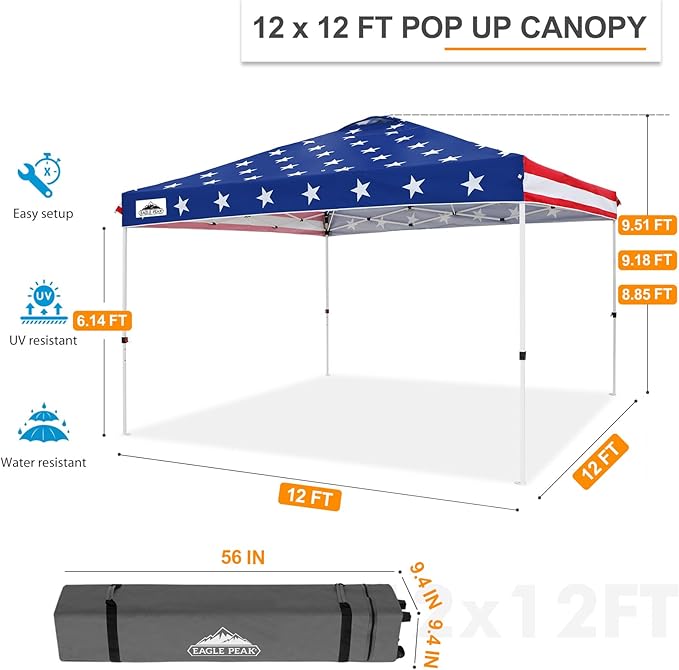 EAGLE PEAK Pop Up Canopy Tent with Wheeled Carry Bag, 8 Stakes, 4 Ropes, 4 Weight Bags, Easy Set Up