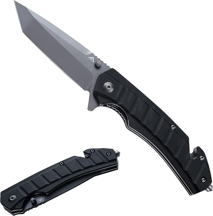 FLISSA Folding Pocket Knife, Tactical Knife with Liner Lock, Tanto Blade, Pocket Clip, Glass