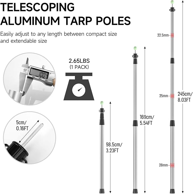 SANLIKE Tarp Poles Telescoping Tent Poles, 96" Aluminum Canopy Poles Extendable Pole for Awning