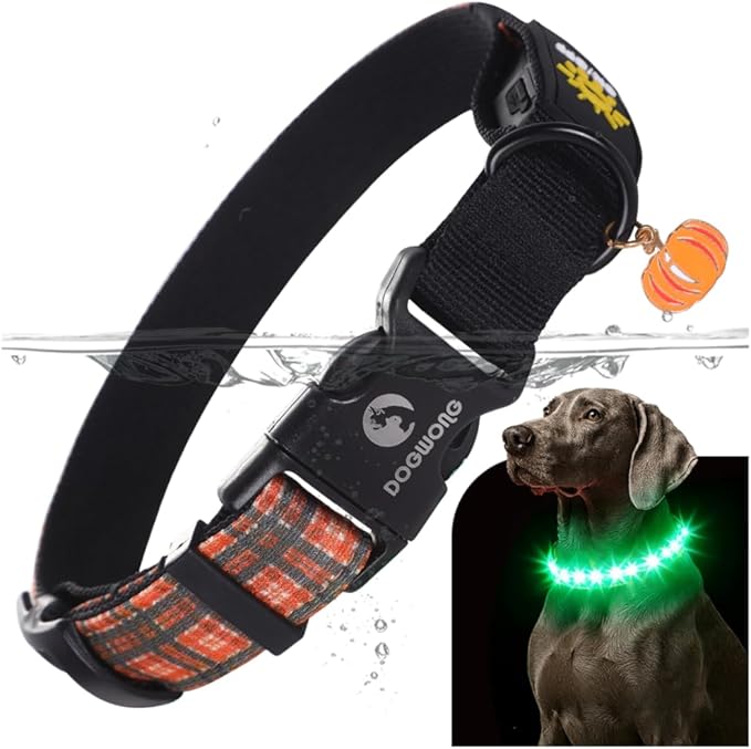 DOGWONG LED Dog Collar - Fall Orange Plaid Heavy Duty Light up Dog Collars - Rechargeable