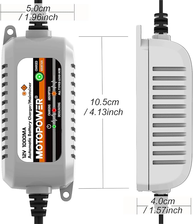MOTOPOWER MP00205B 12V 1000mA Automatic Battery Charger, Battery Maintainer, Trickle Charger, and