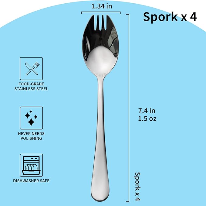 Alata Sporks, 4-Pack Food-grade Stainless Steel Sporks, 7.4 Inches Long Handle Salad Forks For