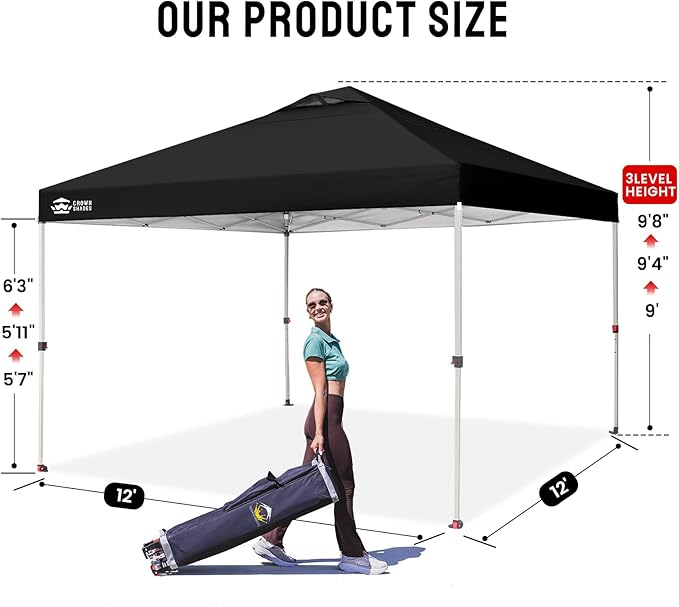 CROWN SHADES 12x12 Pop Up Canopy Outside Canopy, Patented One Push Tent Canopy with Wheeled Carry