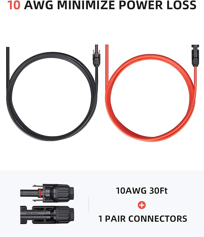 BougeRV 30 Feet 10AWG Solar Extension Cable with Female and Male Connector with Extra Pair of