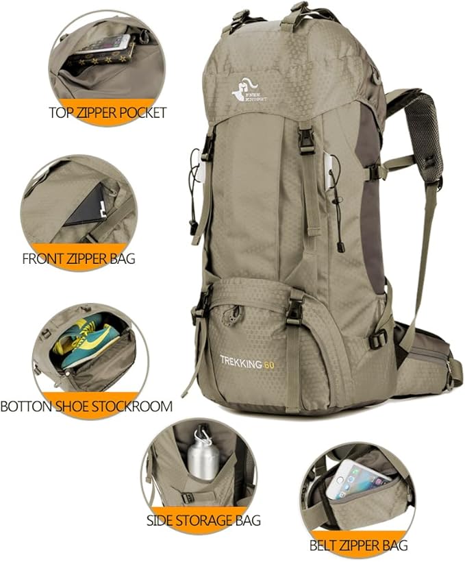 Bseash 60L Waterproof Hiking Camping Backpack with Rain Cover, Large Outdoor Sport Travel Daypack
