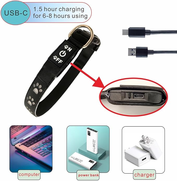 LED Light Up Dog Collar, USB-C Rechargeable, Multicolor Paw Print Design, 15 Modes Lighting Night