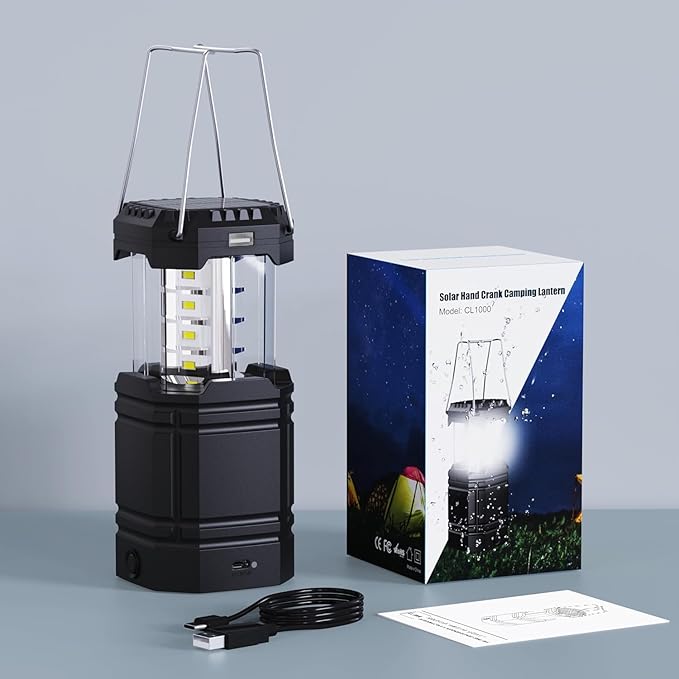 3000mAh Large Capacity Hand Crank Solar Camping Lantern, Portable Ultra Bright LED Torch, 23-26
