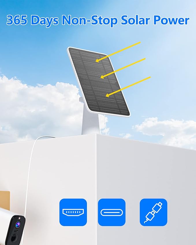 Solar Panel for Security Camera, 5W USB Solar Panel for DC 5V Security Camera, Micro USB & USB-C