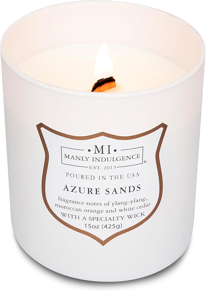 Manly Indulgence Azure Sands Scented Candles for Men, 15 oz Wooden Wick, Premium Soy Blend Wax, 60H