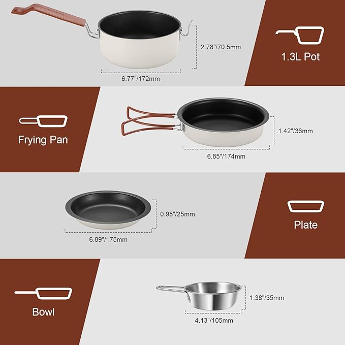 Odoland 10pcs Camping Cookware Non-Stick Camping Pot and Pan Set with Plate Bowl Fork Knife Spoon