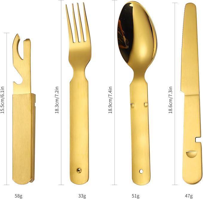 Picnic Silverware Gold Camping Cutlery Fork Knife Spoon Bottle Opener 4 Pieces Flatware Utensil Kit
