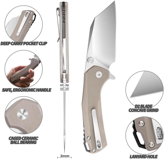 ioko Folding Pocket Knife, 3.5-Inch D2 Steel Blade, G10 Handle, EDC Camping Survival Knife with