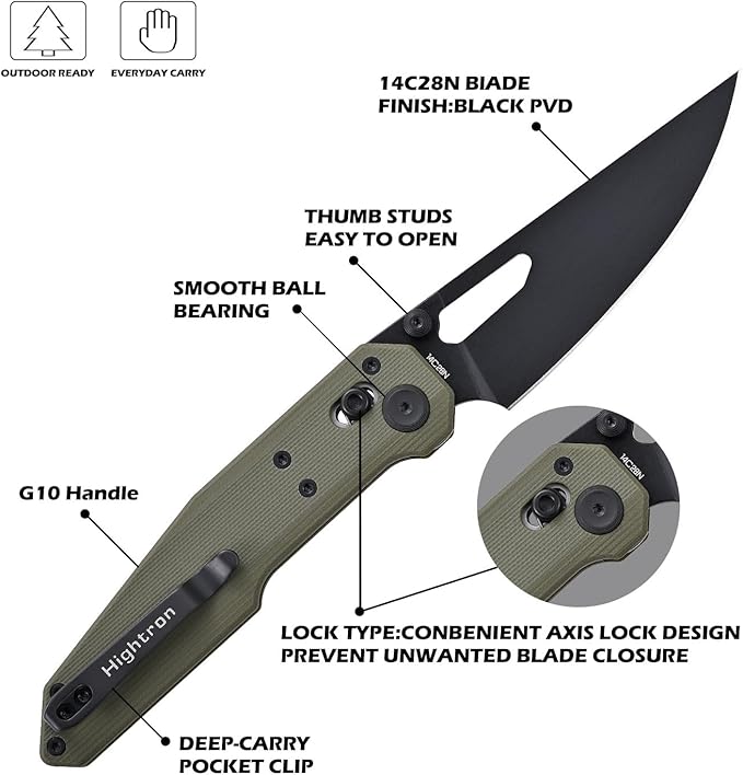 Hightron Sharplyn Folding Knife, 3.6" 14C28N Steel Blade with Black PVD OD Green G10 Handle Pocket