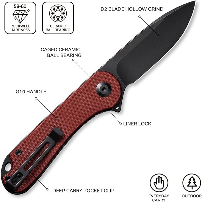 CIVIVI Elementum Pocket Folding Knife,Black Stonewashed D2 Blade Burgundy G10 Handle, Good for EDC