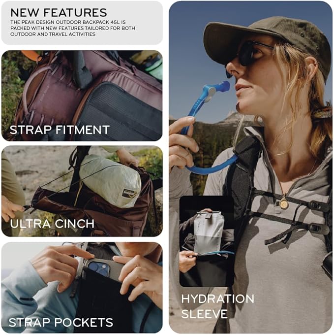 Peak Design Outdoor Backpack 45L, Black, Lightweight Internally-Framed Backpack, Ultra Cinch