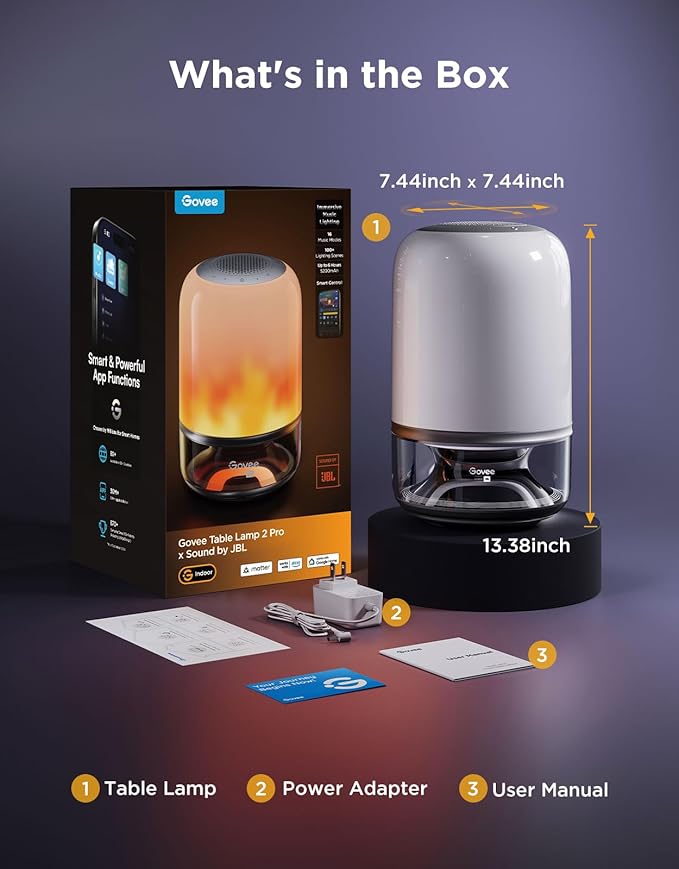 Govee Table Lamp 2 Pro x Sound by JBL, Smart Cordless Table Lamp with Speaker, Music-Light Sync, 16