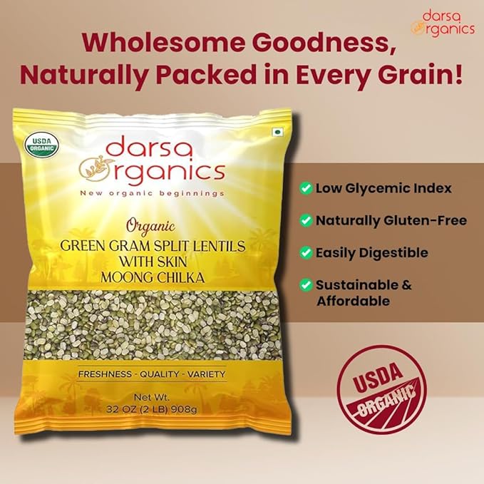 Darsa Organics Mung Split Lentils with Skin, Moong Dal with Skin 2 lb - USDA Organic Green Lentils