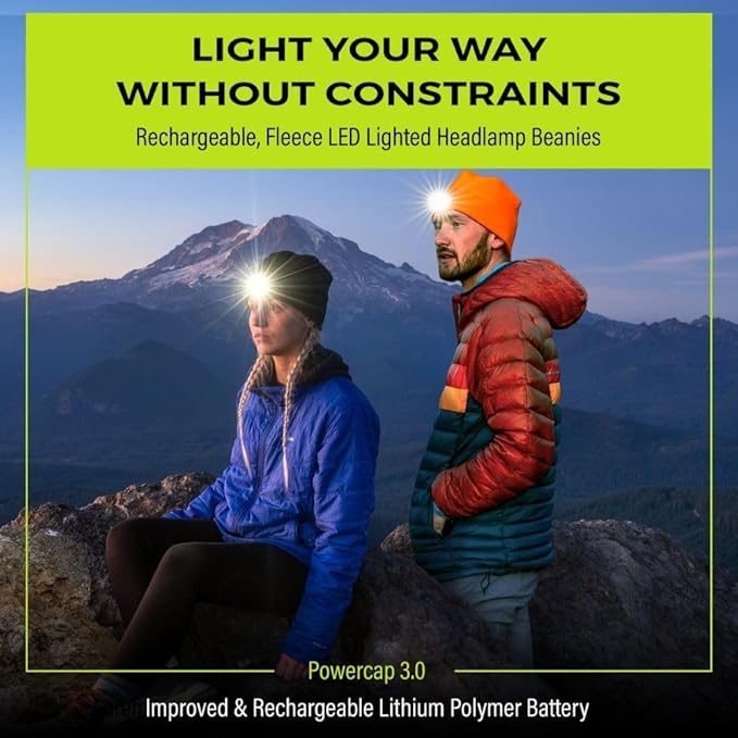 POWERCAP LED Hat Light 150 Lumens Rechargeable Fleece Beanie with Bright Built-in Headlamp