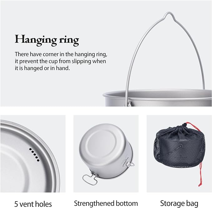 iBasingo 1.3L (1300ml) Titanium Pot with Lid Lightweight Backpacking Cook Pot for Solo Camping