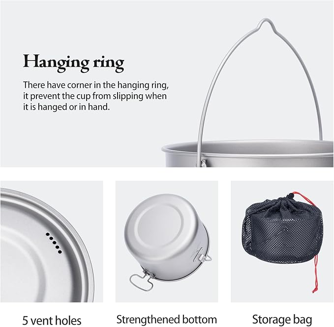 iBasingo 3-Piece Titanium Pot Set (1.3L+1.95L+2.9L) with Lids Ultralight Camping Cookware for