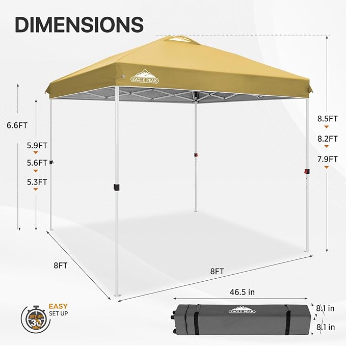 EAGLE PEAK Pop Up Canopy Tent with Wheeled Carry Bag, 8 Stakes, 4 Ropes, Easy Set Up Tent Canopy