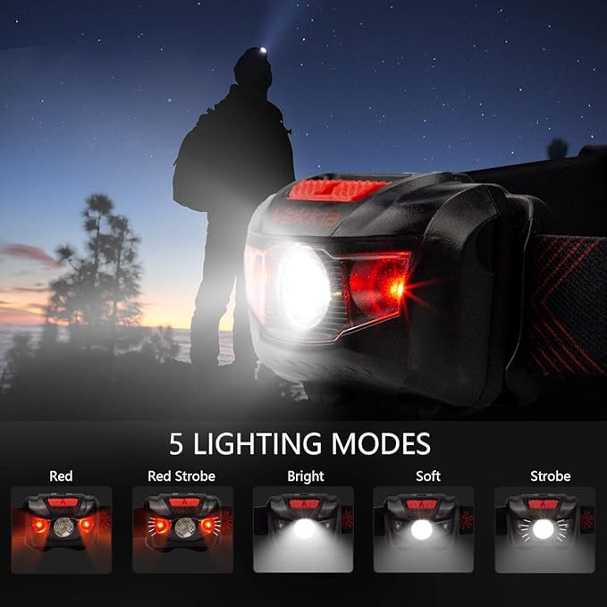 Vekkia Ultra Bright LED Headlamp-5 Lighting Modes,White & Red LEDs Head Lamp, Camping Accessories