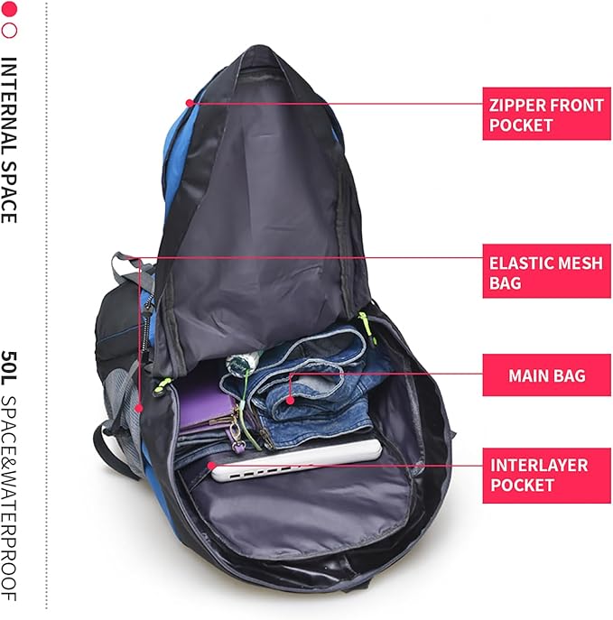 Bseash 50L Hiking Backpack, Water Resistant Lightweight Outdoor Sport Daypack Travel Bag for