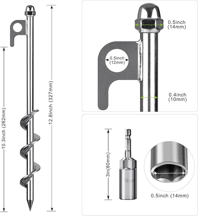4 Pack Tent Stakes, 12 Inch Heavy Duty Ground Anchors, Fully Welded Spiral Earth Anchors for