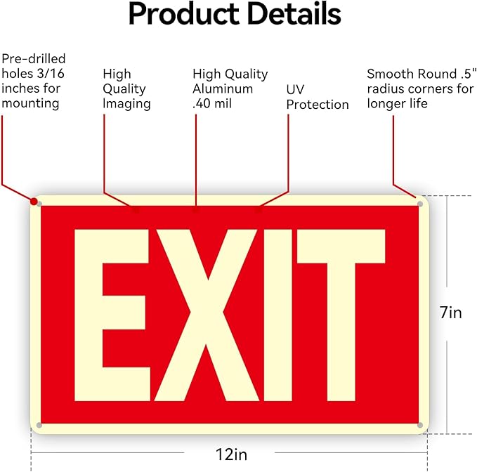 Exit Sign -2 Pack Glow in the Dark Exit Signs Aluminum 12x7 Inch – Photoluminiscent, Laminated for