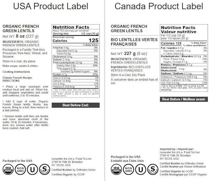 Food to Live Organic French Green Lentils, 8 Ounces ??Non-GMO, Whole Dry Beans, Raw, Sproutable