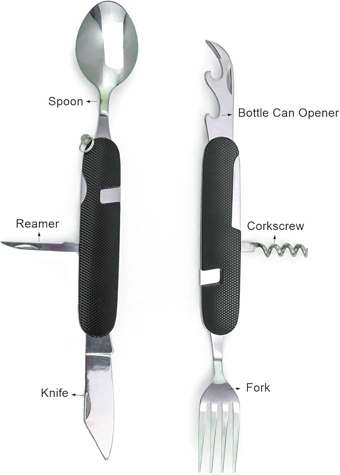 6-in-1 Multi-Function Camping Utensil Flatware Set Detachable Spoon Fork Knife Combo Mess Kit with