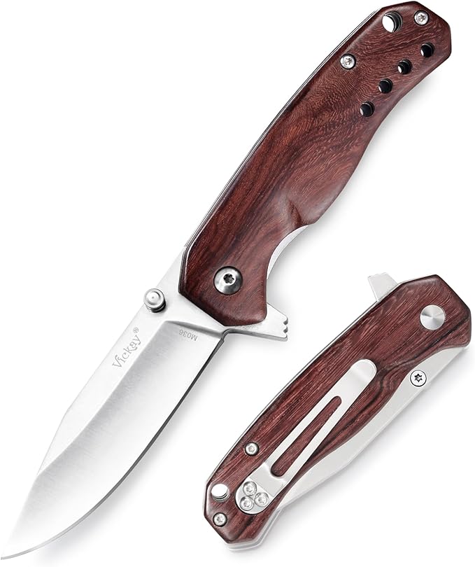 Vickay Pocket Knife for Men, Folding Knife for Women with Clip, 2.9inch 8Cr13MoV Steel Blade, Wood