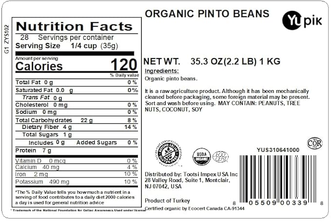 Yupik Organic Pinto Beans, 2.2 lb (35.3 oz), Non-GMO, Vegan & Gluten-Free, USDA Certified, Kosher
