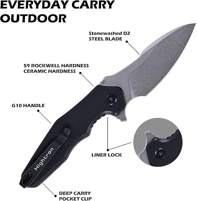 Hightron Mini Ventura Pocket Knife, Flipper Folding Knife with 2.85" Stonewashed Sharp D2 Blade and