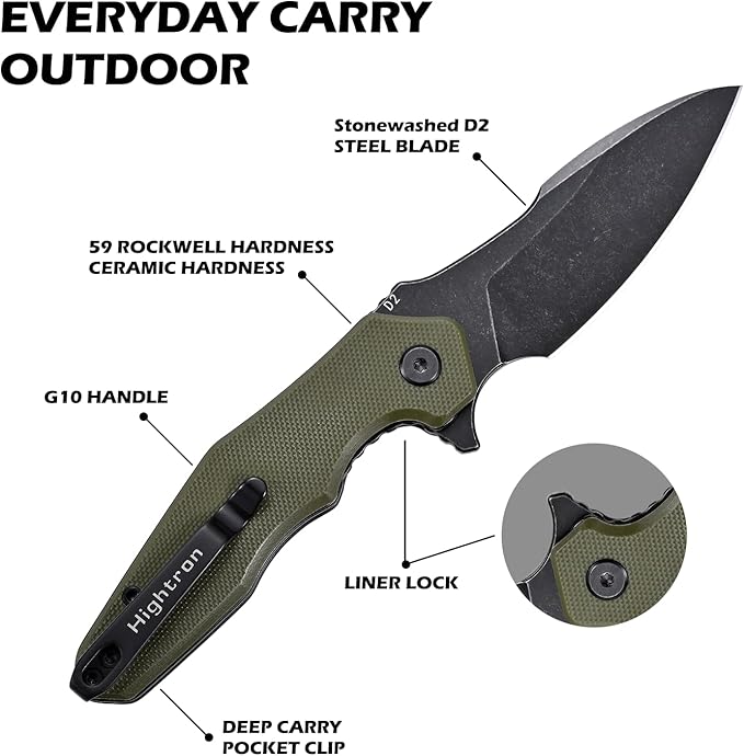Hightron Mini Ventura Flipper Pocket Knife, 2.85" D2 Blade and Ergonomic G10 Handle, EDC Folding