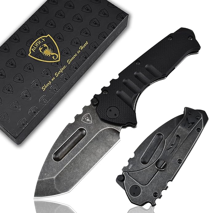 AUBEY Folding Pocket Knife with Tanto Tumbled 440C Steel Blade, Frame Lock, Black G10 Handle, Clip