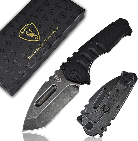 AUBEY Folding Pocket Knife with Tanto Tumbled 440C Steel Blade, Frame Lock, Black G10 Handle, Clip
