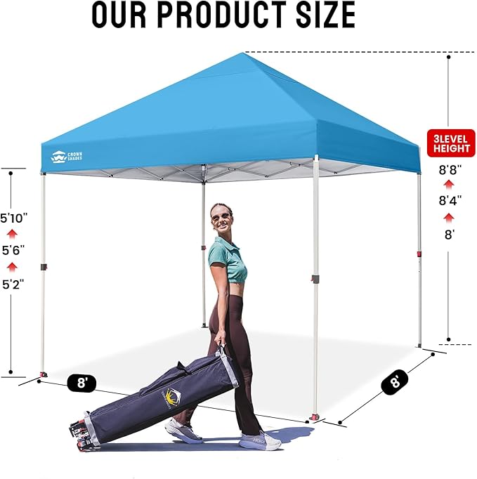 CROWN SHADES 8x8 Pop Up Canopy, Patented Center Lock One Push Instant Popup Outdoor Canopy Tent