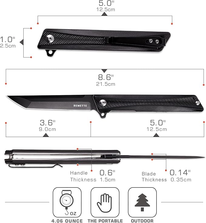 Tactical Folding Pocket Knife GD22K, 3.6" Black PVD Tanto Blade Flip Open with Durable G10