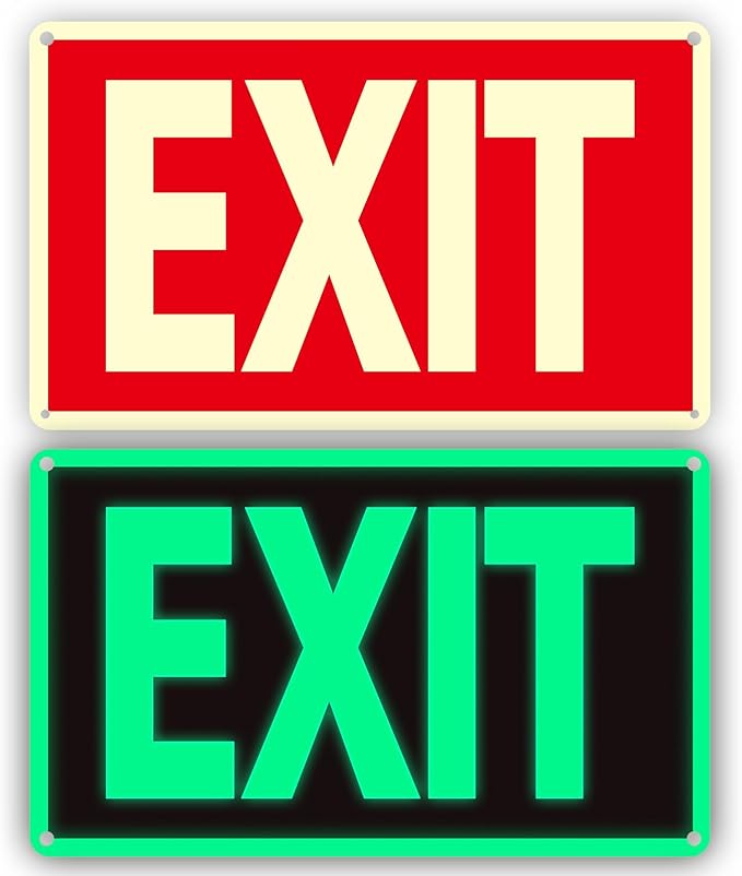 Exit Sign -2 Pack Glow in the Dark Exit Signs Aluminum 12x7 Inch – Photoluminiscent, Laminated for