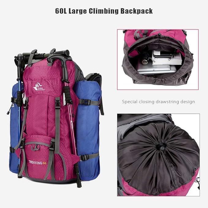 Bseash 60L Waterproof Hiking Camping Backpack with Rain Cover, Large Outdoor Sport Travel Daypack
