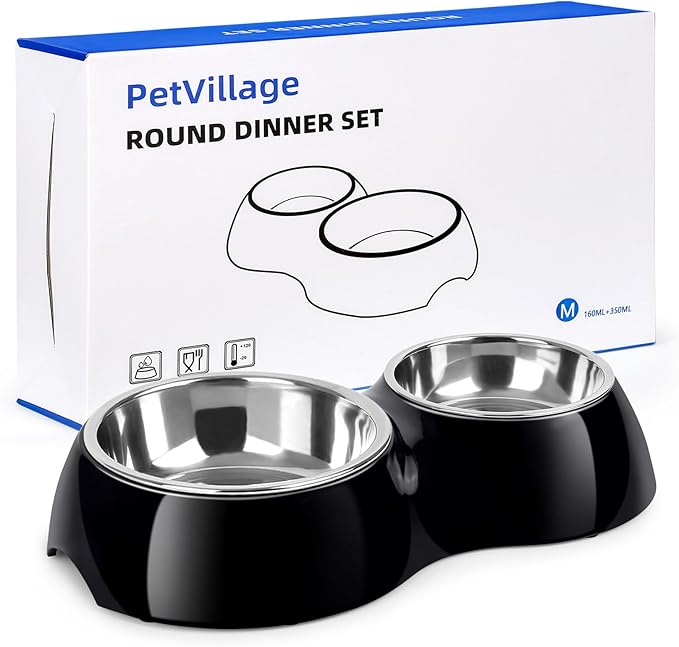 Double Dog Bowls Set ??Non-Slip Pet Food & Water Dishes with Resin Stand, Includes Small (1 Cup) &
