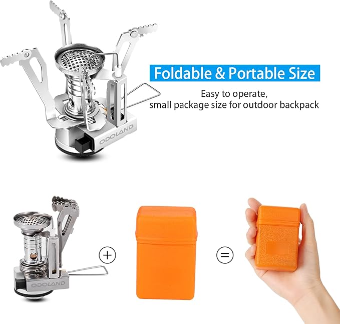 Odoland 6pcs Camping Cookware Mess Kit with Lightweight Pot, Stove, Spork and Carry Mesh Bag, Great