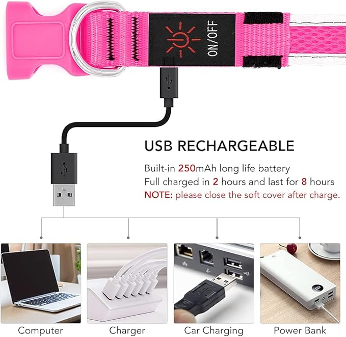 YFbrite Light up Dog Collar, USB Rechargeable LED Puppy Collar Super Bright Adjustable Glowing Dog