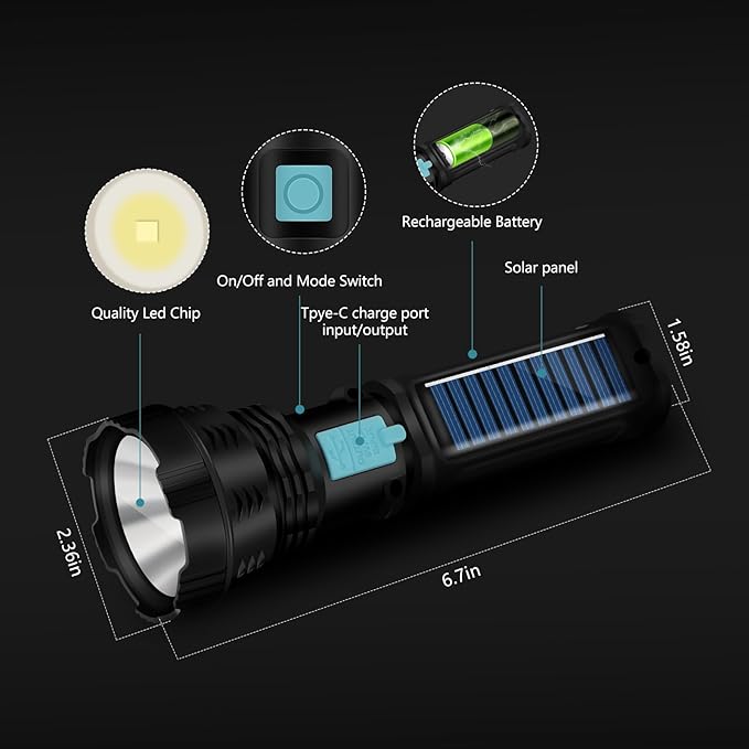 Led Solar Flashlight, 1500 Lumens Led Solar Handheld Rechargeable Flashlights with IP65 Waterproof
