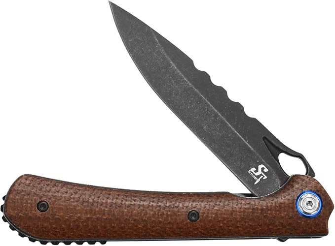 Sitivien ST145 Folding Pocket Knife,Black Stonewashed 14C28N Steel Blade,Micarta Handle EDC Tool